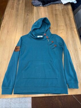 Women's Teal Hooded Pullover with Button Accent